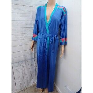 Vtg Henson Kickernick Long  Colorblock Blue Green Satin Robe Belted Sz M